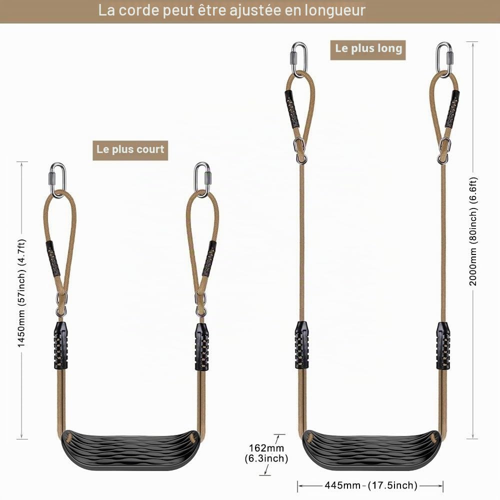 SELEWARE Siège de Balançoire en Plastique, Balançoire Antidérapante avec cCorde Réglable et 2 Mousquetons, Accessoire pour Balançoire d'aire de Jeux pour Enfants, Noir