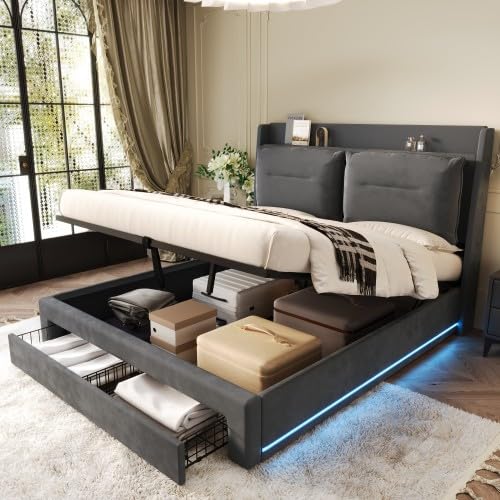 DHWDS Cama tapizada con espacio de almacenamiento hidráulico, iluminación LED y USB-C | Moderna cama con somier de 160 x 200 cm, cabecero ajustable, incluye somier de madera maciza, gris