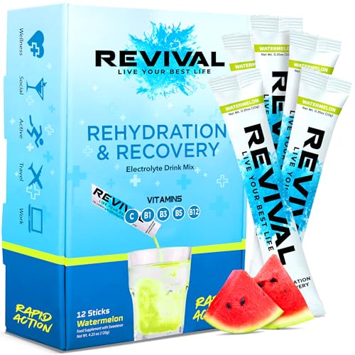 Revival Rapid Rehydration Electrolytes Powder - High Strength Vitamin C, B1, B3, B5, B12 Supplement Sachet Drink, Effervescent Electrolyte Hydration Tablets - 12 Pack Watermelon