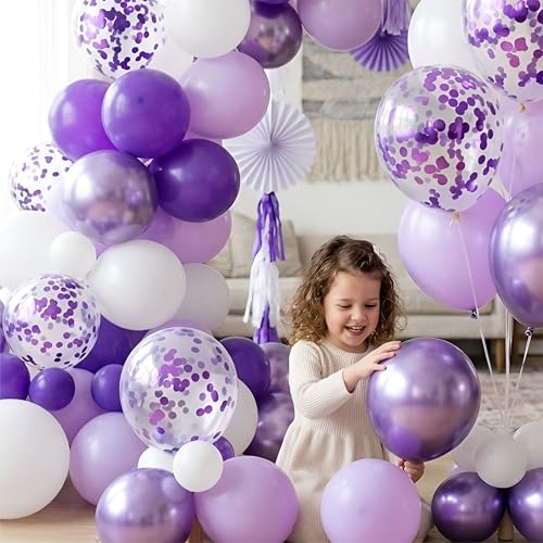 Image of Purple and White Balloon Garland Kit with Chrome and Confetti Balloons, Birthday and Anniversary Decoration, pack of 58 Pcs