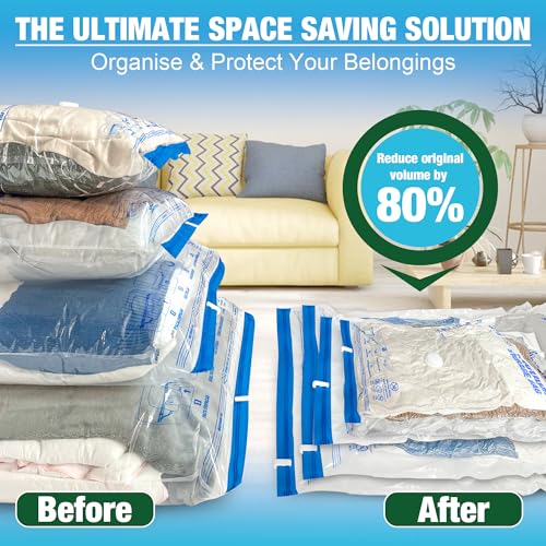 Image of Vacuum Storage Bags, Vacuum Seal Bags for Clothing, 5 Jumbo 5 Large | Extra Large XL, Airtight Triple Seal, Save 80% Space, Hand Pump, Work with Vacuum, Double Zip, Reusable, Easy to Use