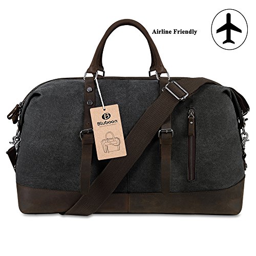 BLUBOON Canvas Overnight Bag Travel Duffel Genuine Leather for Men and Women Weekender Tote (Dark Grey)