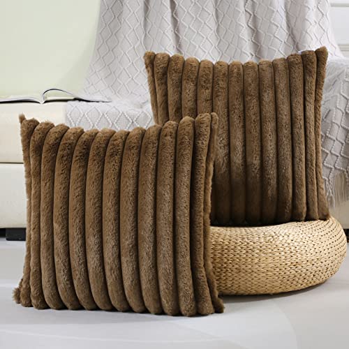 FUTEI Tan Striped Decorative Throw Pillow Covers 26x26 Inch Set of 2,Square Winter Decorations Couch Euro Pillow Shams,Soft Cozy Faux Rabbit Fur & Velvet Back,Modern Home Decor for Bed