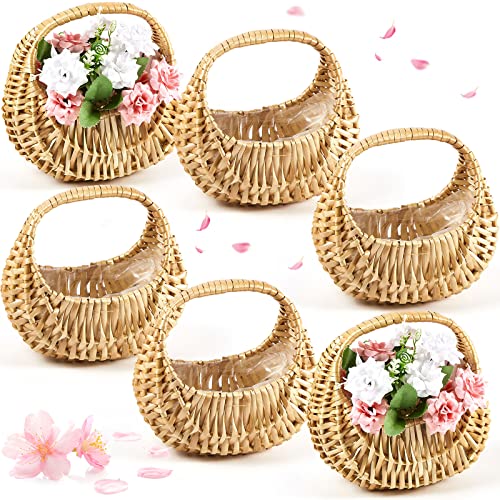 Image of Taiyin 6 Pack Rattan Flower Girl Basket Half Moon Straw Wicker Basket with Handle 6.7 inch x 6.5 inch x 4.3 inch Ideal for Wedding Flower Girl, Picnic, Garden Storage and Home Decor (Nature)