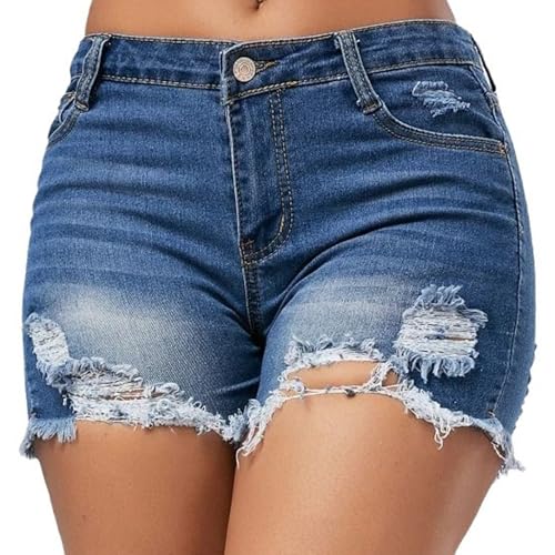 Fjquamitix Womens Denim Shorts Mid Rise Frayed Raw Hem Distressed Trendy Lightweight Casual Baggy Trendy Hot Pants for Summer Casual Travel (UK, Alpha, S, Regular, Regular, Deep Blue)