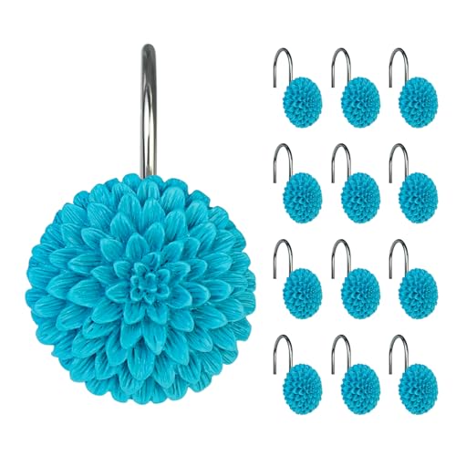 Sunlit Decorative Floral Shower Curtain Hooks, Turquoise Dahlia Pinnata Flower Shower Curtain Rings, Resin, Bathroom Decoration Blue Shower Curtain Hooks-12 Pack