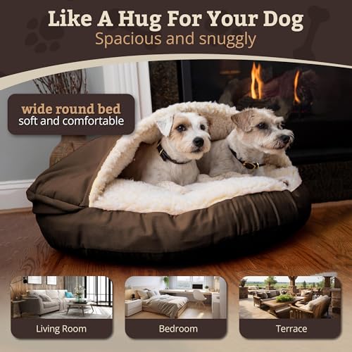 Image of Snoozer Cozy Cave Dog Bed, Round Covered Dog Bed, Hot Fudge (S)