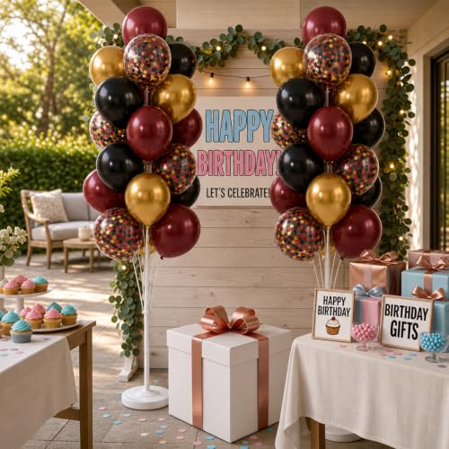 Image of Hiins Balloon Column Kit Set of 2, Burgundy Black Gold Birthday Party Decor