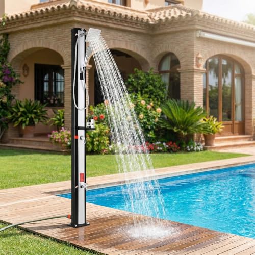 Ducha Solar 40 litros, Ducha de Jardín con Alcachofa de Mano, Cabezal de Ducha Giratorio, Ducha de Pies y Cubierta Protectora, Agua Caliente máx. 60 °C, Ducha de Piscina Camping sin Conexión Eléctrica