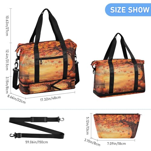 Maple Tree Thanksgiving Pumpkins Gym Bag for Women Sport Travel Duffel Bag Shoulder Weekender Overnight Bags with Wet Pocket & Shoe Compartment3