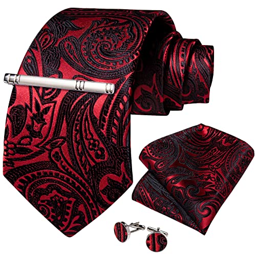 Image of DiBanGu Paisley Ties for Men Silk Necktie and Pocket Square Cufflinks Tie Clip Set Woven Classic Mens Tie for Wedding Party