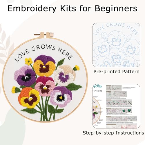 Image of Nuberlic Pansy Flower Embroidery Kit for Beginners Cross Stitch Kits- Complete Starter Set with Hoop, Pre-Printed Fabric, Threads & Needles