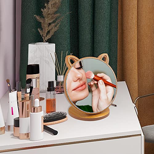 Espejo de maquillaje con base de madera y forma de gato miniatura 7