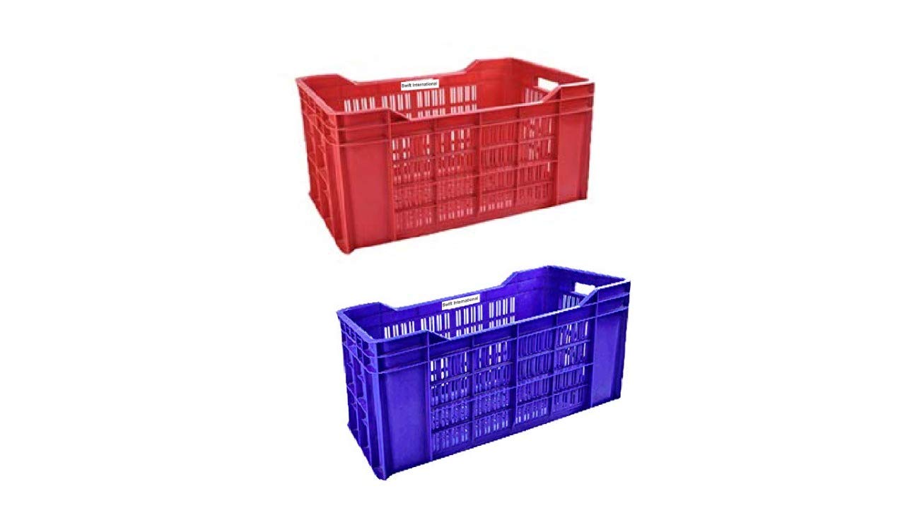 Swift International Storage Plastic Crate/Heavy Duty Multipurpose Crates | 2 Pieces (Red-Blue - 54cm x 36cm x 29cm)