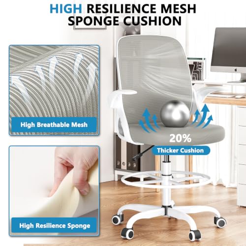 Image of Kensaker Drafting Chair Tall Office Chair, Ergonomic Standing Desk Chair with Adjustable Foot Ring and Flip-up Armrests, Mesh Computer Chair for Art Studio, 300 LBS, Gray