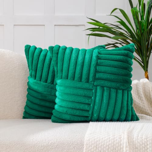 All Smiles Christmas Green Decorative Throw Pillow Covers 18x18 Set of 2 Faux Fur Plush Soft Fluffy Velvet Cushion Case Cozy Fuzzy Striped Pillowcase Home Decor for Bed Sofa Living Room