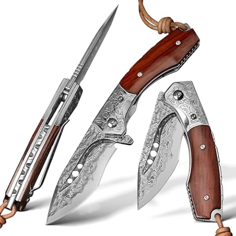 NEWOOTZ Handmade Japanese Damascus Steel Pocket Folding Knife with Leather Cover and Pocket Clip, 2.87-inch Outdoor Camping Fishing Portable Pocket Knife Cover