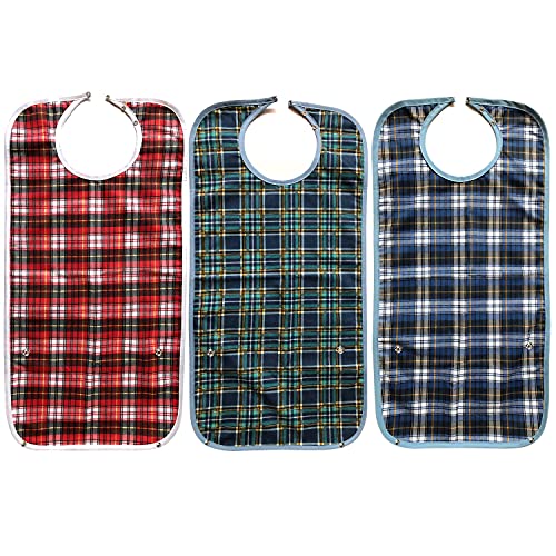Kirimon Adult Bibs For Eating (3 Pack) - 30" X 19.5" Large Extra Long, Reusable Washable Dining Clothing Protectors With Optional Crumb Catcher - Adjustable Buckle Apron For Seniors, Elderly Or Disabled #TOP6
