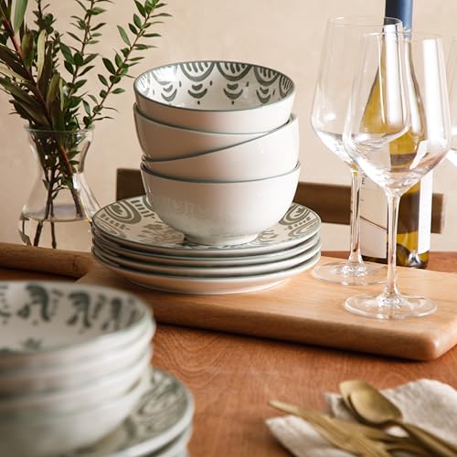 Image of 2-Time Oprah's Favorite Things - Valencia Flor 16 Piece Dinnerware Set, Artisanal Decorated Stoneware Plates & Bowls, Service for 4, Microwave & Dishwasher Safe, Fern Green