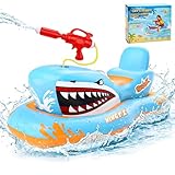 Wingyz Pool Spielzeug, Haifisch Luftmatratze Kinder mit Wasserpistole,Aufblasbares Schwimmtier Boot 3-12 Jahre, Wasserspielzeug Planschbecken Garten, Geschenk Jungen & Mädchen
