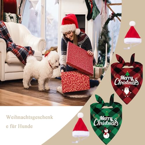4 Stück Hundehalstuch Weihnachten, Nikolausmütze Hund, Hund Weihnachten Halstuch, Weihnachtsmütze für Hunde, 4-teiliges Set für Weihnachtsfotos und Festliche Anlässe