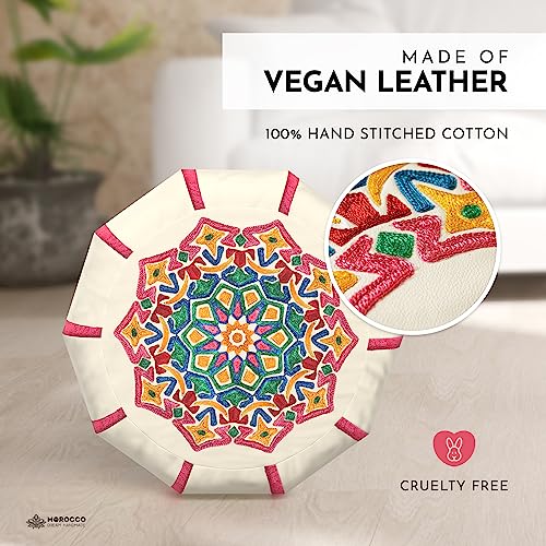 MOROCCO-DREAM-HANDMADE-Pouf-Ottoman-Cover--Faux-Leather-Pouf-Cover-Hand-Stitched-Round-Pouf-for-Living-Room-Bedroom-Outdoor-Gift-Box-23-x-11-inches-Colorful-Pink