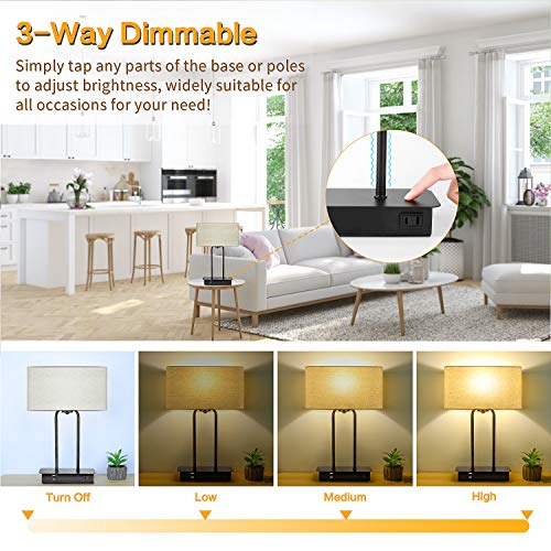 3-Way Dimmable Touch Control Table Lamp With 2 Usb Ports And Ac Power Outlet Modern Bedside Nightstand Lamp With Fabric Shade And Metal Base For Guestroom Bedroom Living Room & Hotel Led Bulb Included #TOP1