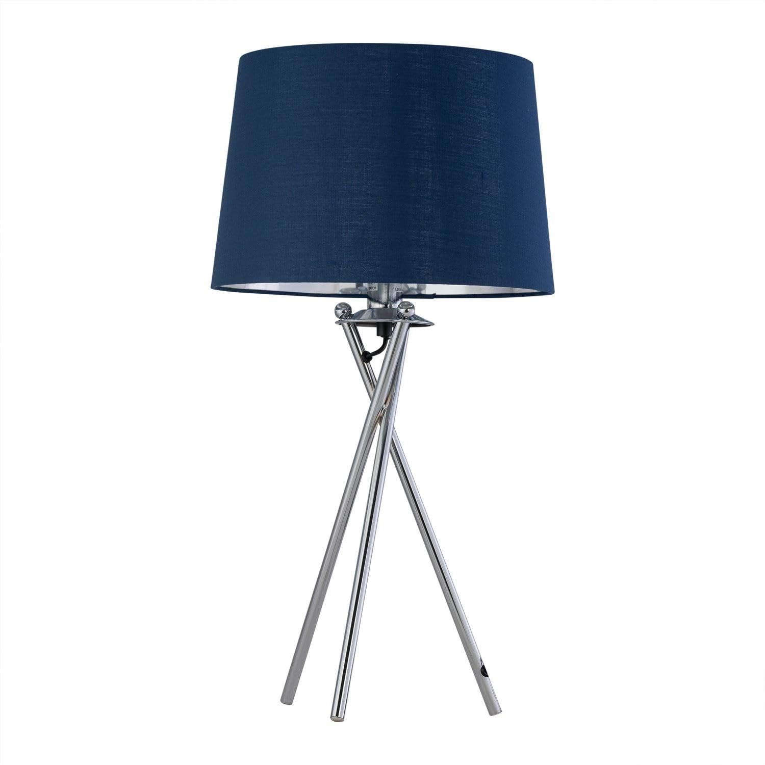 Firstchoicelighting Chrome & Blue Tripod Table Lamp Or Bedside Light, Chrome With Navy Blue & Silver Fabric Shade, Led Compatible, Height 53Cm, Inline Switch