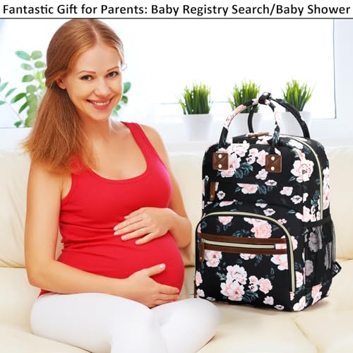 Image of Tenot Diaper Bag Backpack Tote for Women Large Capacity with Insulated Pockets Multifunctional Diaper Bags For Baby Girl Boy Waterproof Baby Bags, Maternity Bag Black Pink Floral