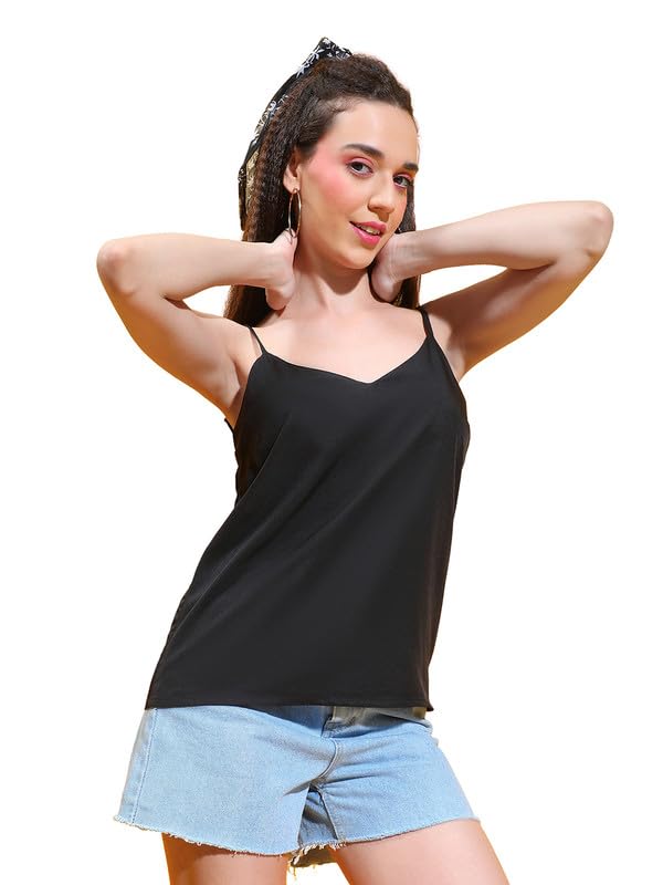 Image of oxolloxo Women Solid Black V-Neck Sleeveless Strappy Top