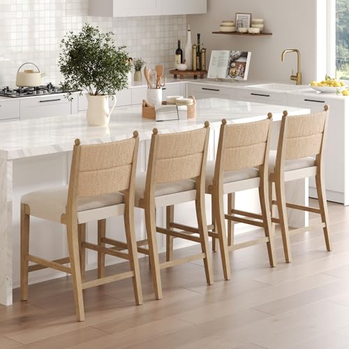 Image of Nathan James Cove Seagrass Counter Stool Wood Upholstered Bar Stool with Natural Flax Cushion and Seagrass Backrest, Light Brown, Set of 4
