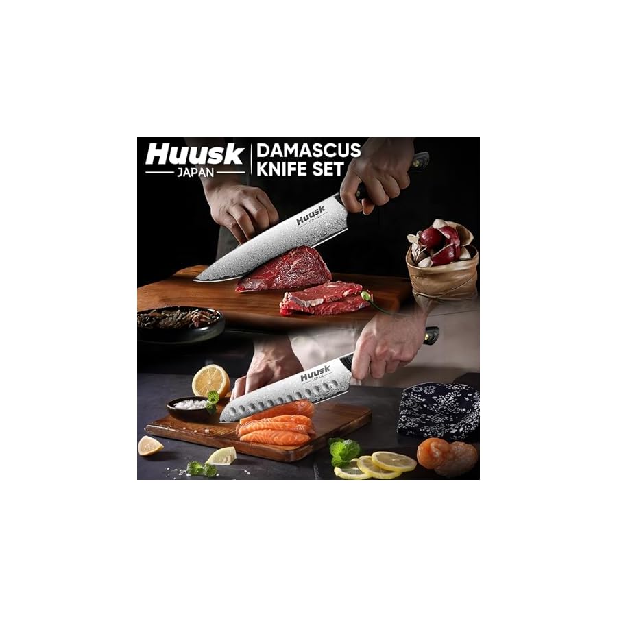 Huusk-Damascus-Chef-Knife-Set-3-PCSVG10-Santoku-Knife-setDamascus-Kitchen-Utility-Knife-set-with-Wooden-Handle-Versatile-Knife-for-Vegetable-Fruit-Meat-Birthday-Dad-Mom-Gift Huusk Damascus Chef Knife Set 3 PCS,VG10 Santoku Knife set,Damascus Kitchen Utility Knife set with Wooden Handle, Versatile Knife for Vegetable Fruit Meat, Birthday Dad Mom Gift