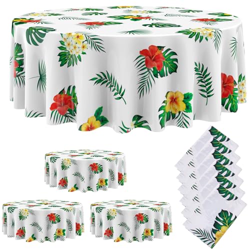 Image of Oudain 6 Pcs 84 inch Summer Round Hawaiian Tablecloths, Lagre Tropical Luau Plastic Table Covers with Palm Leaves & Hibiscus Flower, Aloha Tiki Beach Pool Party Decorations Supplies (White)