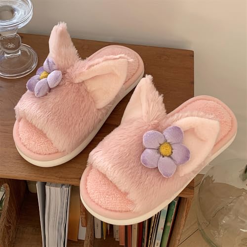 ZQW Pink Cozy Plush Animal Slippers Fluffy Fuzzy Fox Ears Slip On Slides Soft Warm Closed Toe Indoor Shoes for Women Winter2