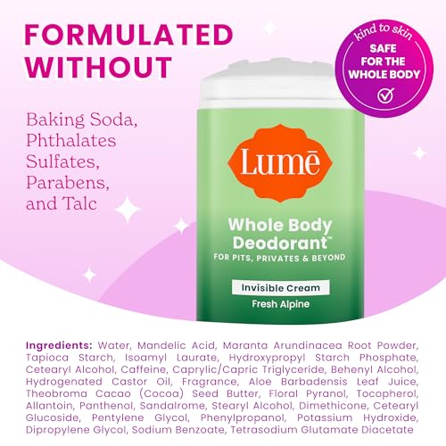 Image of Lume Whole Body Deodorant - Invisible Cream Stick - 72 Hour Odor Control - Aluminum Free, Baking Soda Free, Skin Safe - 2.2 Ounce (Pack of 2) (Fresh Alpine)
