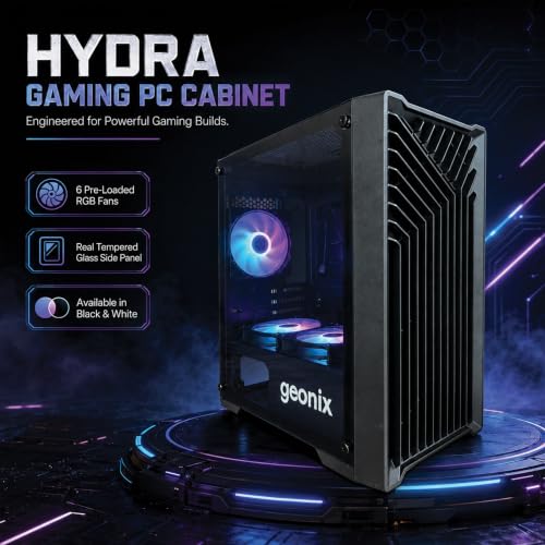 Image of Geonix Hydra Gaming PC Cabinet, 6 Pre-Installed ARGB Fans, Real Tempered Glass Side Panel, Micro-ATX /Mini-ITX Support, ATX PSU Compatible, SSD & HDD Support, USB 3.0, 4 Expansion Slots (Black)