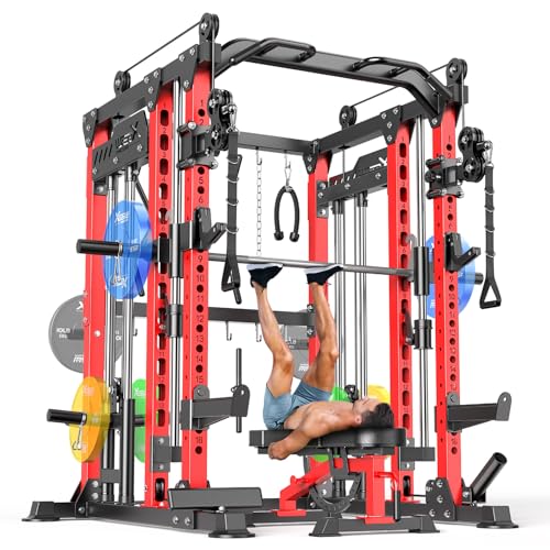 XGSW Smith Machine Home Gym, Multi-Function Power Cage with Dual Pulley Cable Crossover System,Squat Rack for Full-Body Workouts (L04, Red---Smith Machine+Bench)