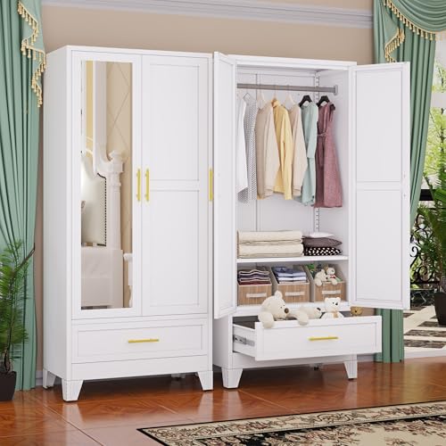 Image of GAIOUS Steel Armoire WardrobeCloset with Mirror Door and Drawer 71 inch White