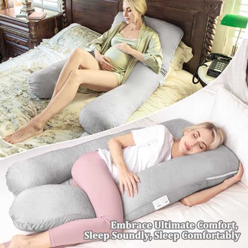 Image of Chilling Home Pregnancy Pillow, 55in Pregnancy Pillows for Sleeping, U Shape Body Pillows for Adults, Maternity Pillow for Pregnant Women, with Grey Jersey Cotton Removable Cover