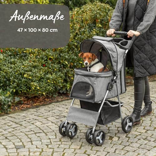 Trixie Hunde-Buggy – Transportlösung für Hunde – schnell faltbar – gefederte 360°-Fronträder – grau – 47 × 100 × 80 cm