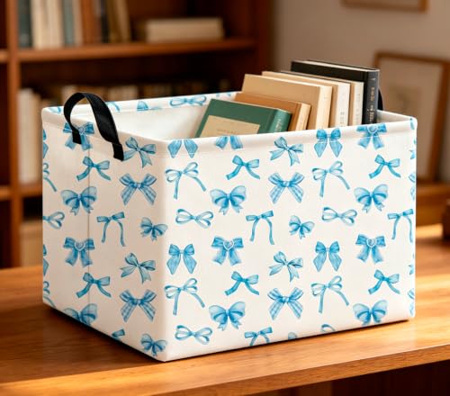 Image of CLOCOR Rectangular Storage Basket Empty,Gift Basket,Waterproof Storage Bin,Room Decor(Blue Bowknot)