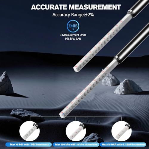Motorenbau Pencil Tire Pressure Gauge 2 Pack, 10-75PSI Air Pressure Gauge with Tire Caps, Stainless Steel Body, 3 Measurements (±2% Span) for Cars, RVs, Bicycles — view 4