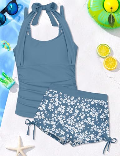 Image of Girls Swimsuit 2 Piece Halterneck Girls Tankini Swimsuit Drawstring Printed Swim Shorts Girl Bathing Suit for 7-18T