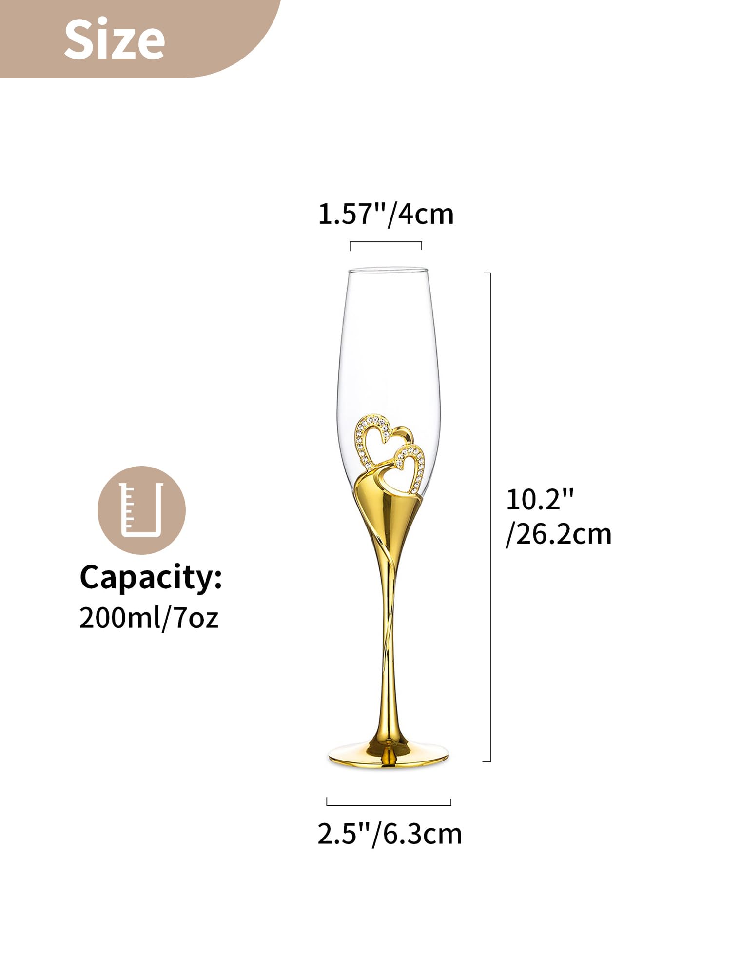 NUPTIO Kryształowe kieliszki do szampana ślub: zestaw 2 złotych kieliszków do szampana z drewnianym pudełkiem prezentowym, para kieliszków Prosecco dla par, dla panny młodej i pana młodego, zaręczyny
