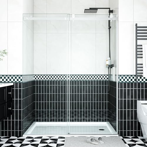 Image of Frameless Sliding Shower Door Enclosure - 56 to 60 Inch Adjustable Width x 76 Inch Height, 8mm Coated Tempered Safety Glass with Easy Clean, Square Stainless Steel Rail, Brushed Finish