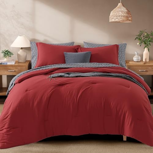 Monbix King Size Comforter Set - 7 Pieces Bright Red Prewashed Bed in a Bag King Bedding Sets with Comforters, All Seasons Ultra Soft Comforter Bed Set with Sheets, Pillowcases & Shams