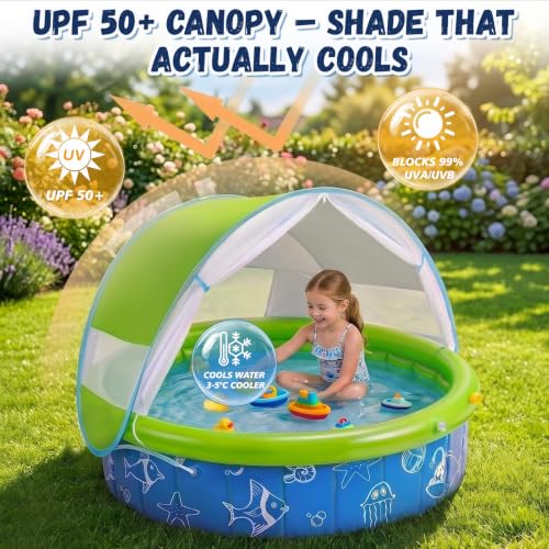 Foldable Kiddie Pool with Canopy, 47" Non-Inflatable Baby Pool, UPF 50+ Sun Shade & Mosquito Net, Built-in Sprinkler Water Play Pool for Toddlers, Portable Backyard Outdoor Indoor Summer Water Fun by Vertexus - Used condition - Image 3