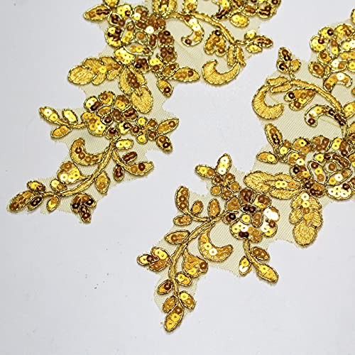 SUNMOVE Pair of Embroidery Sequin Lace Applique Sewing Flower Fabric Collar Patch Motif Wedding Gown Dress Bridal DIY Crafts （Gold） by SUNMOVE - Image 5
