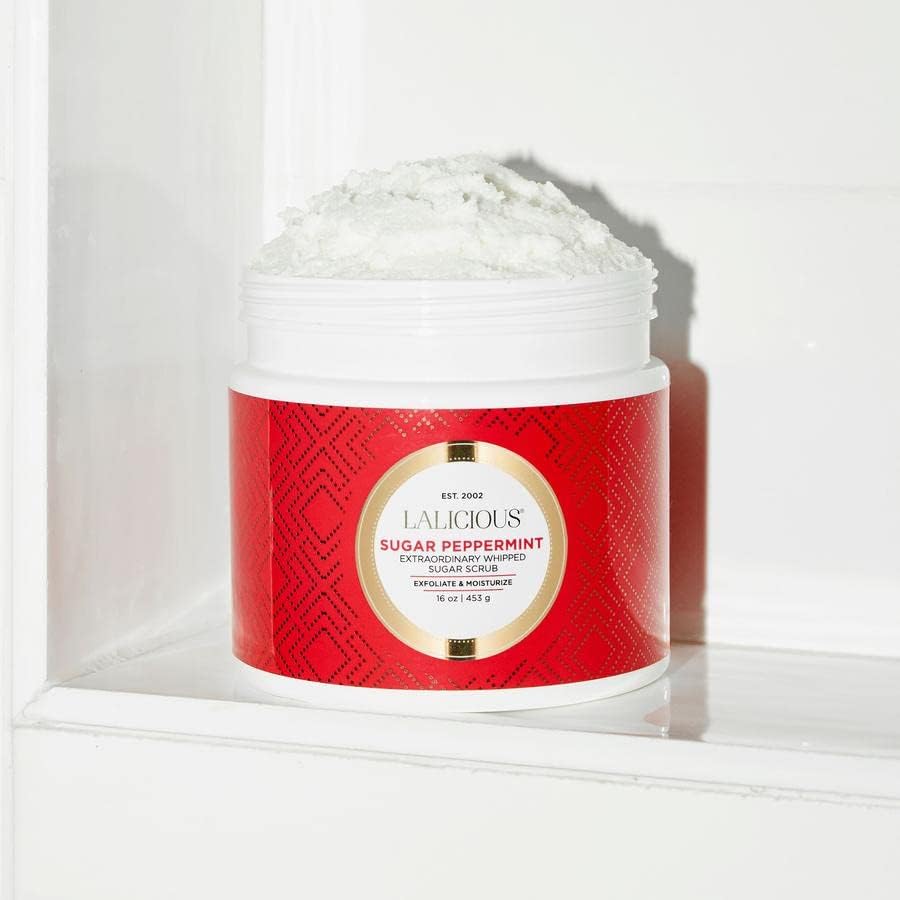 Image of LALICIOUS Sugar Peppermint Exfoliating & Moisturizing Body Scrub | Coconut Oil | Pre-Shave Scrub for Ingrown Hairs & Razor Bumps | Gently Buffs & Smooths Sensitive Skin | No Parabens | Large 16oz