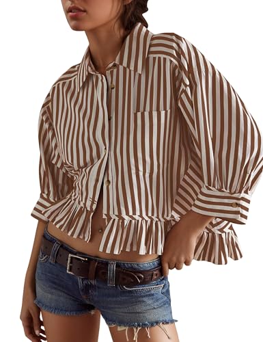 Womens 3/4 Length Sleeve Striped Button Down Shirt Loose Fit Drop Shoulder Trendy Ruffle Hem Striped Blouses Top